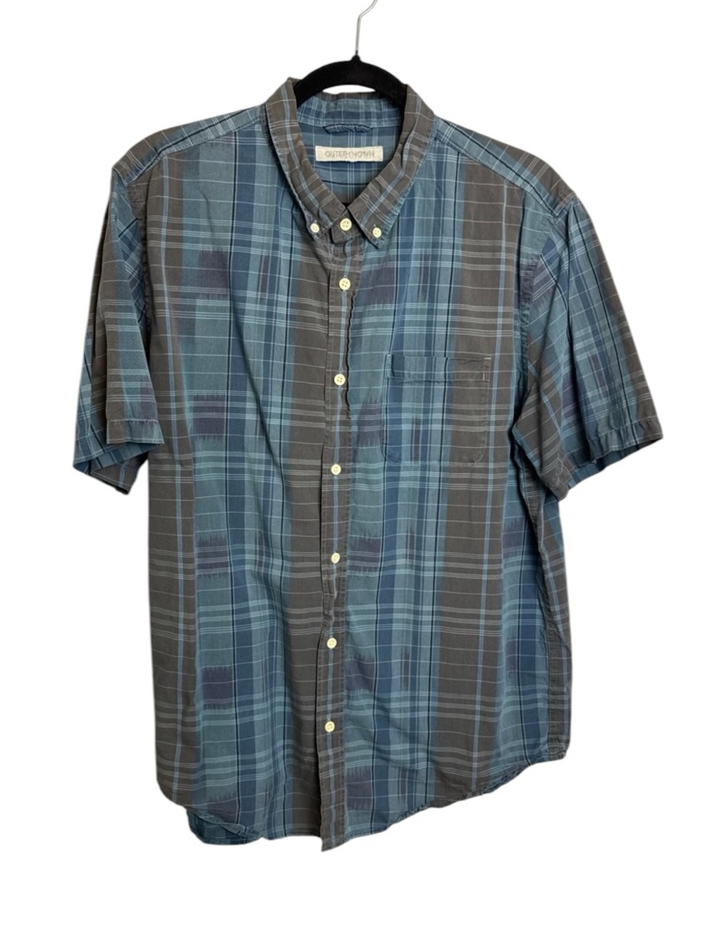 Outerknown XL turquoise blue and grey preppy casual button down short sleeve